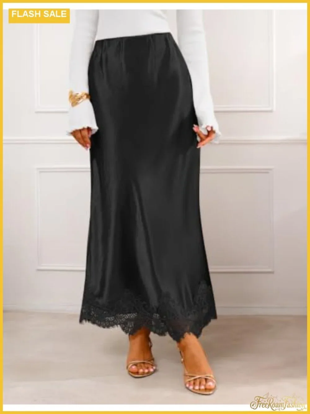 Satin Lace Trim Mermaid Fishtail Maxi Skirt High Waist Flowy